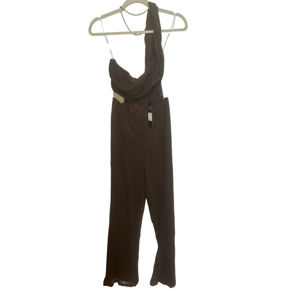 Jumpsuit Crochet Brown One Shoulder Cutout Sz M Fashion Nova - Picture 3 of 6